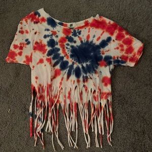 Wide neck fringe cropped tye dye tee